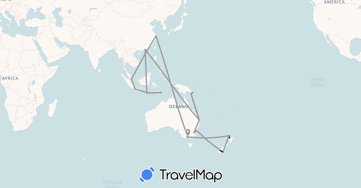 TravelMap itinerary: driving, plane, hiking, boat in Australia, China, Indonesia, New Zealand, Papua New Guinea, Singapore, East Timor (Asia, Oceania)