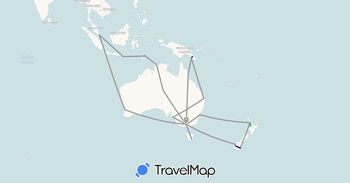 TravelMap itinerary: driving, bus, plane, hiking, boat in Australia, Indonesia, New Zealand, Papua New Guinea, Singapore, East Timor (Asia, Oceania)
